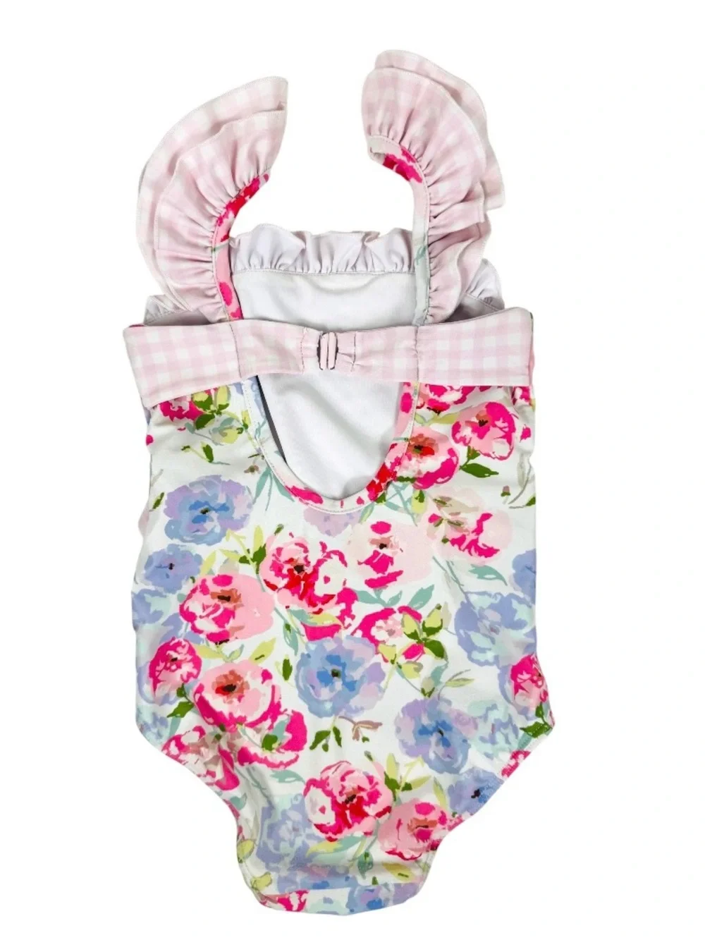 SweetHoney Pink & Blue Floral Ruffle One-Piece Swimsuit with Gingham Belt